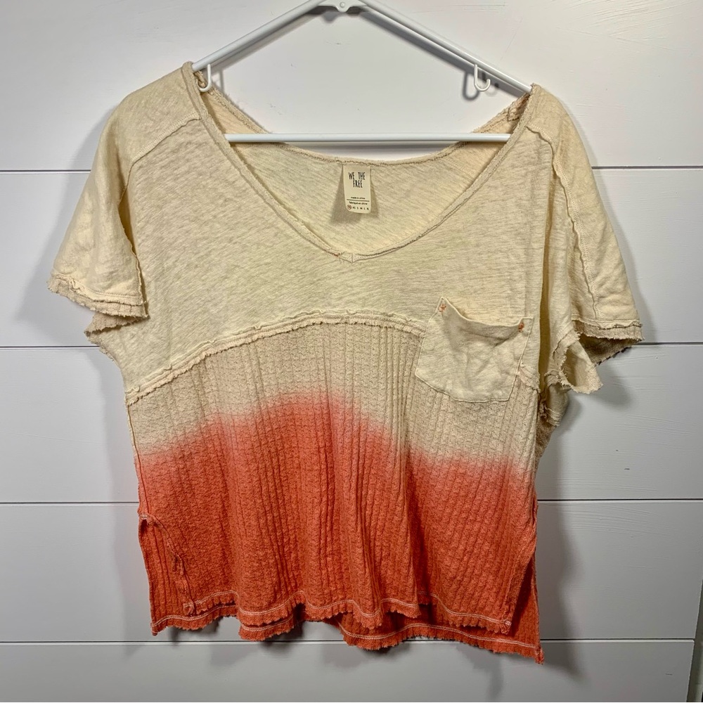 We The‎ Free T-shirt Top Linen Blend Peach Cream Ombré Raw Edges Sz XXS Boho